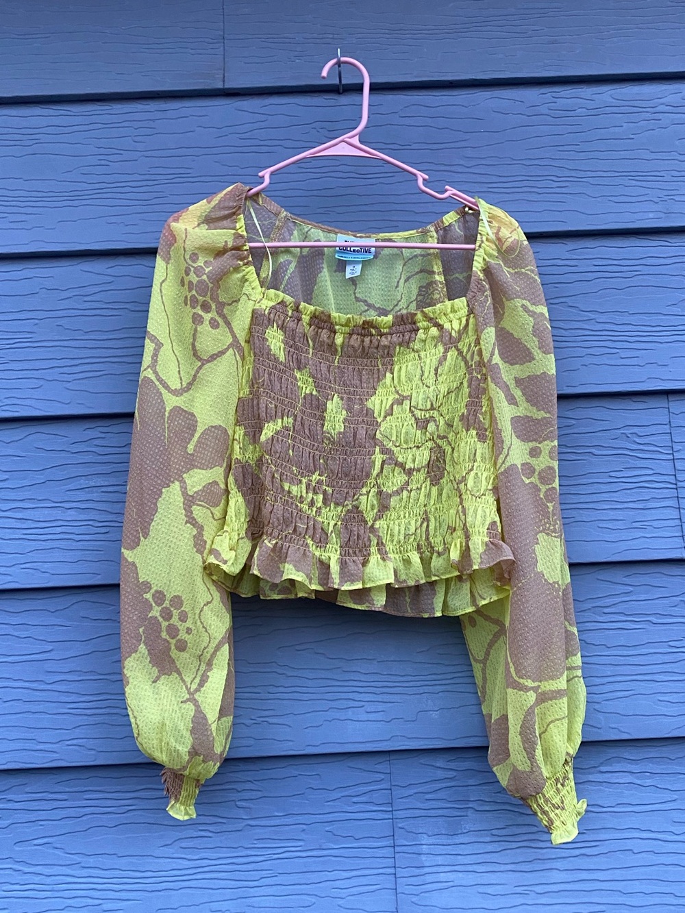 Woman’s future collective neon yellow and Brown Smocked Long Sleeve Crop Blouse